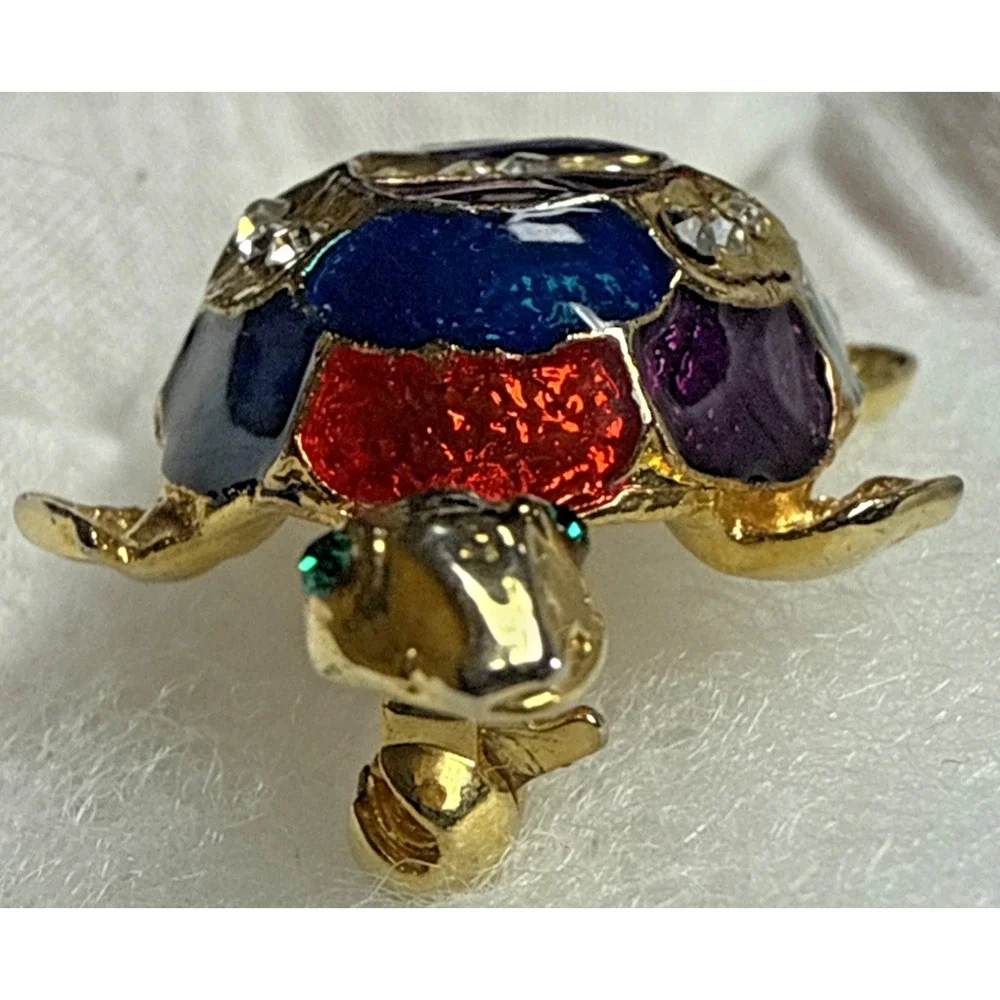 Vintage Rhinestone Guilloche Enamel Painted Turtle Tortoise Brooch Pin